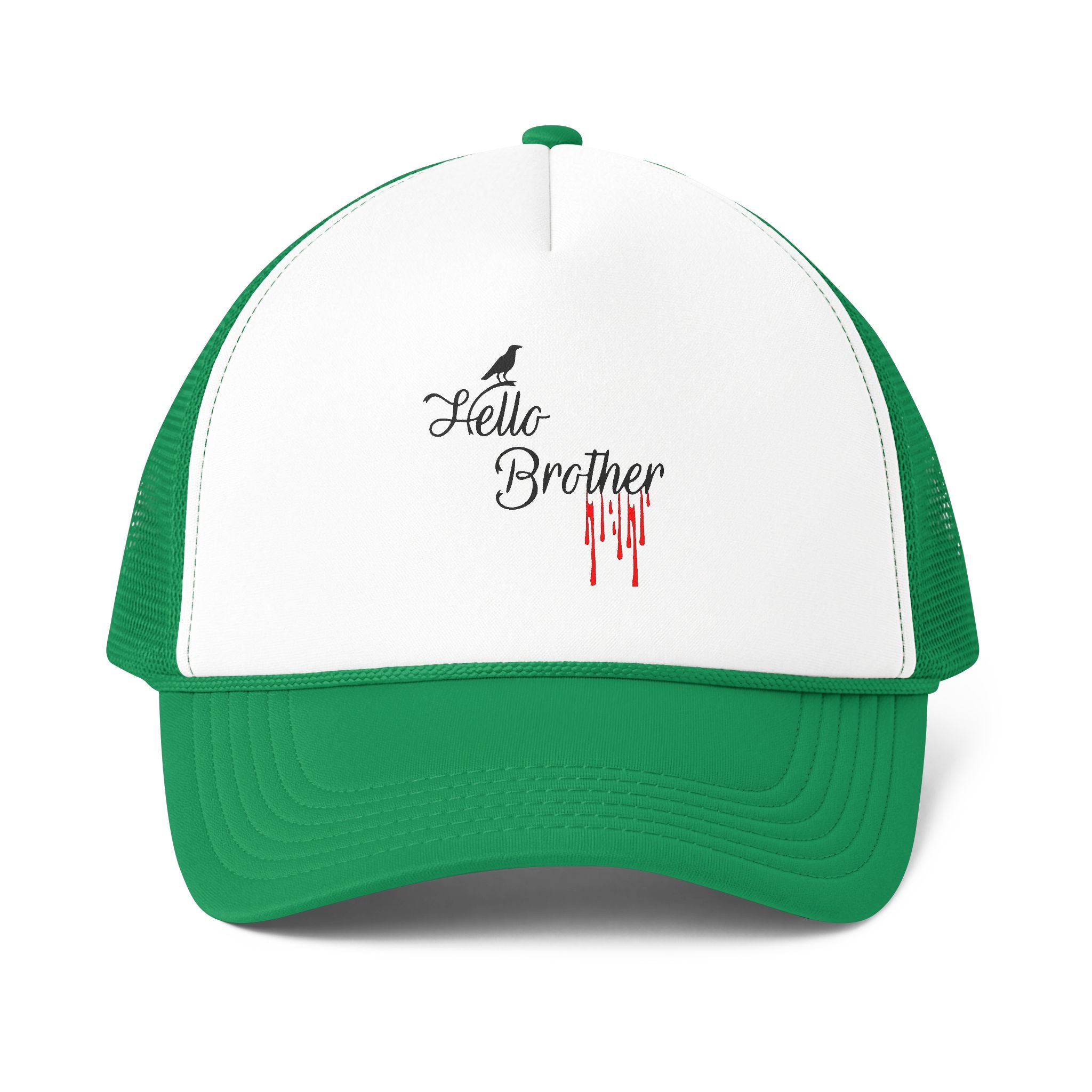 Human Trucker Cap "Hello Brother" Gothic Script with Drip Accent