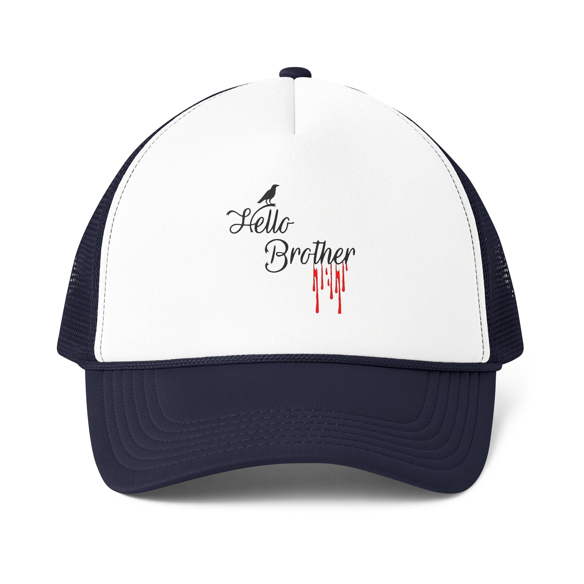 Human Trucker Cap "Hello Brother" Gothic Script with Drip Accent
