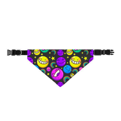 Clip-On Pet Bandana — Neon Smiley Planets Pattern
