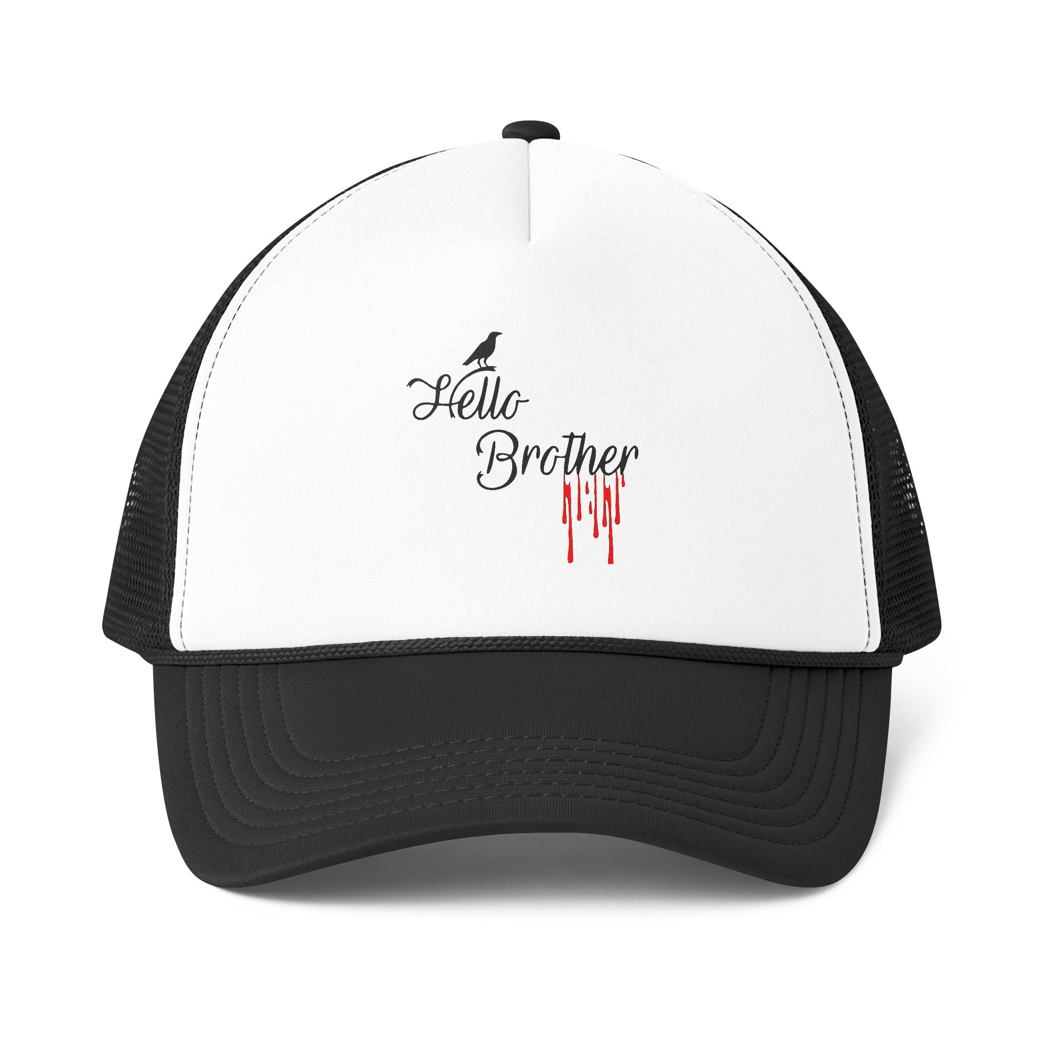Human Trucker Cap "Hello Brother" Gothic Script with Drip Accent