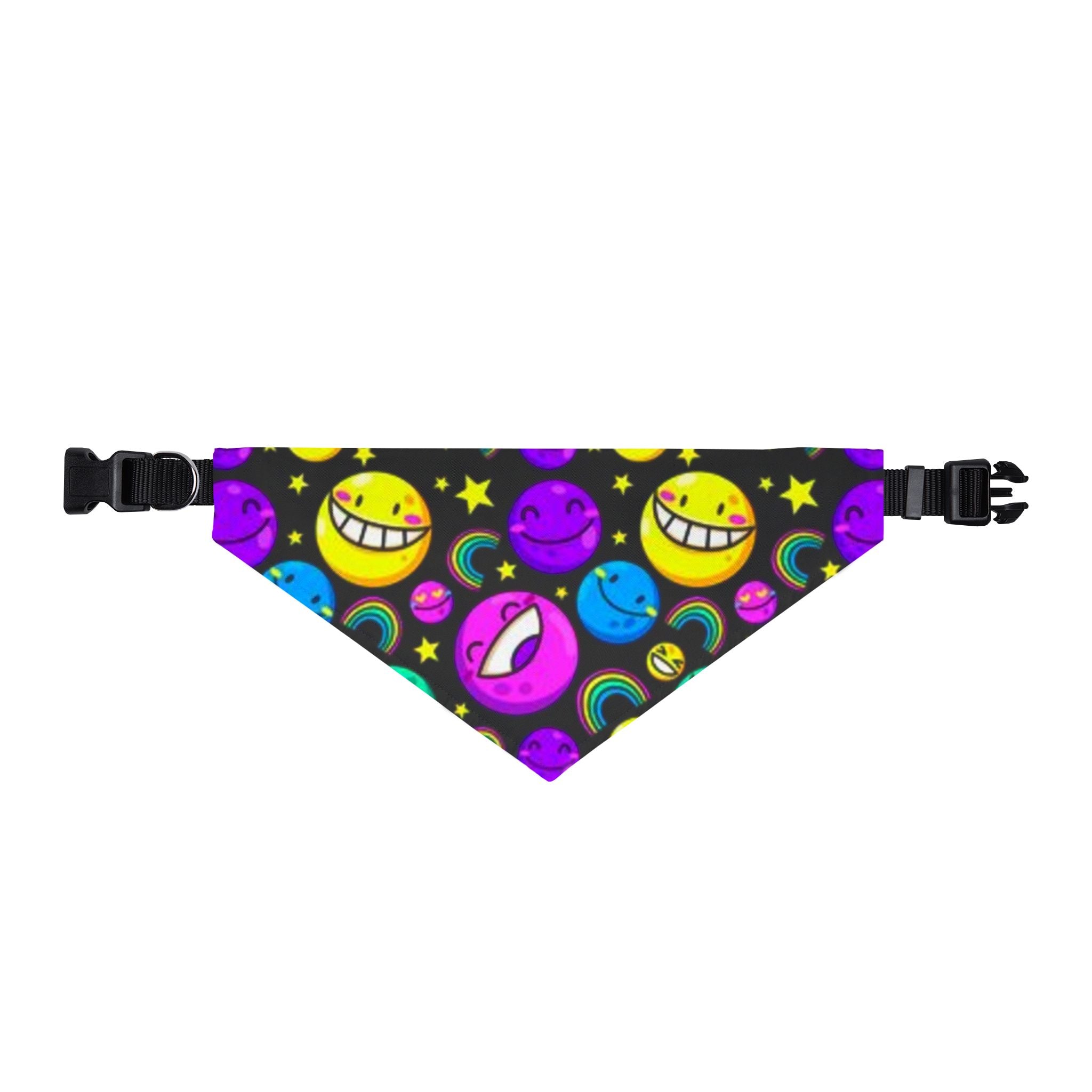 Clip-On Pet Bandana — Neon Smiley Planets Pattern