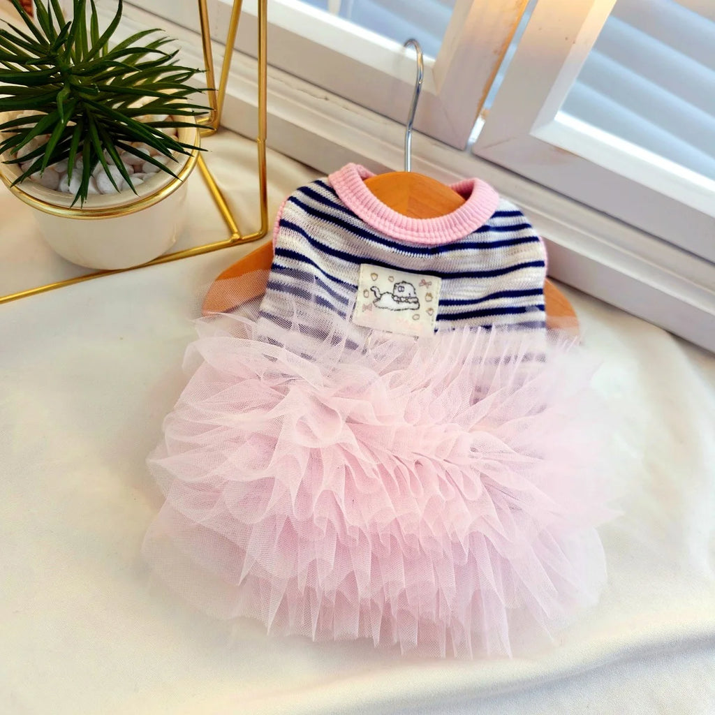 Fashion Pink Tulle Dog Dress Striped Knit Pet Outfit