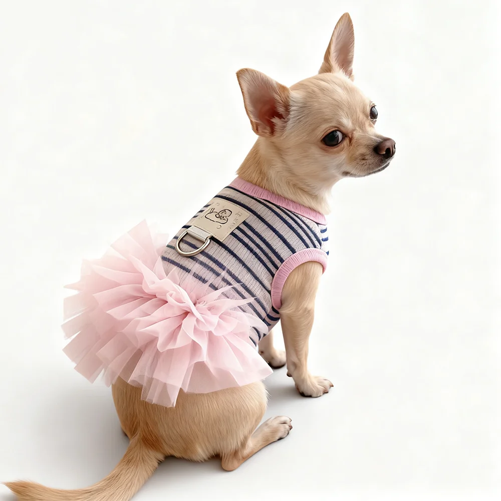 Fashion Pink Tulle Dog Dress Striped Knit Pet Outfit