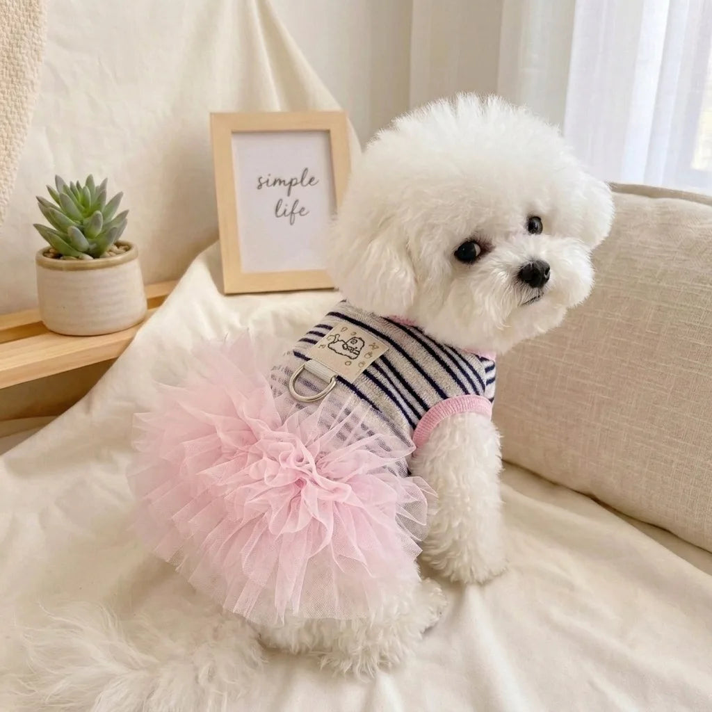 Fashion Pink Tulle Dog Dress Striped Knit Pet Outfit