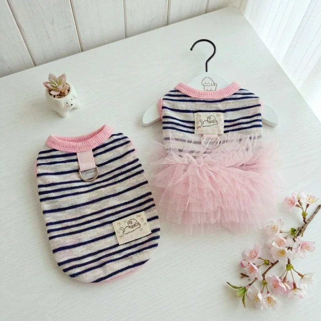 Fashion Pink Tulle Dog Dress Striped Knit Pet Outfit