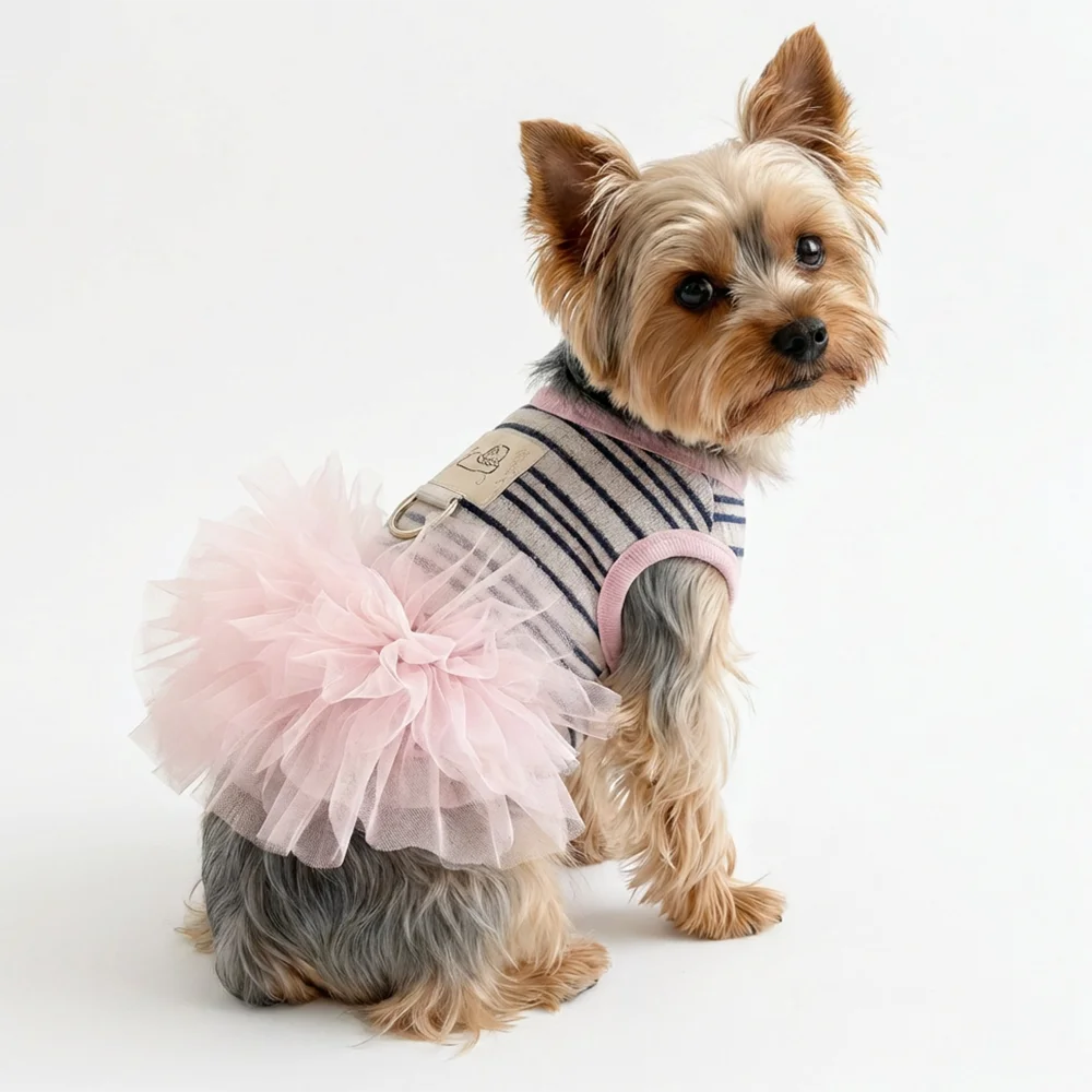 Fashion Pink Tulle Dog Dress Striped Knit Pet Outfit