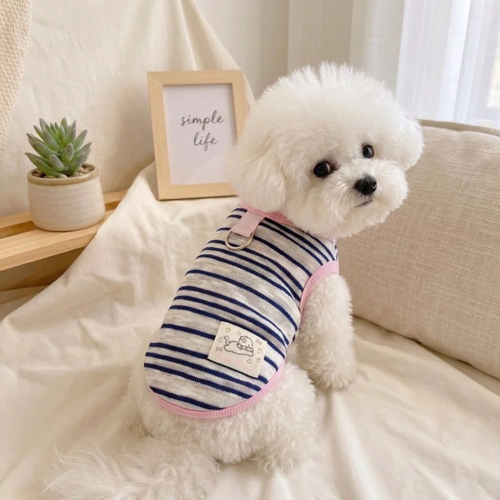 Fashion Pink Tulle Dog Dress Striped Knit Pet Outfit